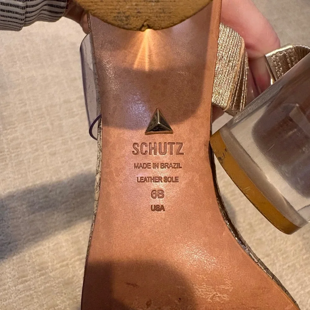 SCHUTZ Womens‎ Clear Strap Square Toe Block Heels Metallic Gold Leather Sole 6B